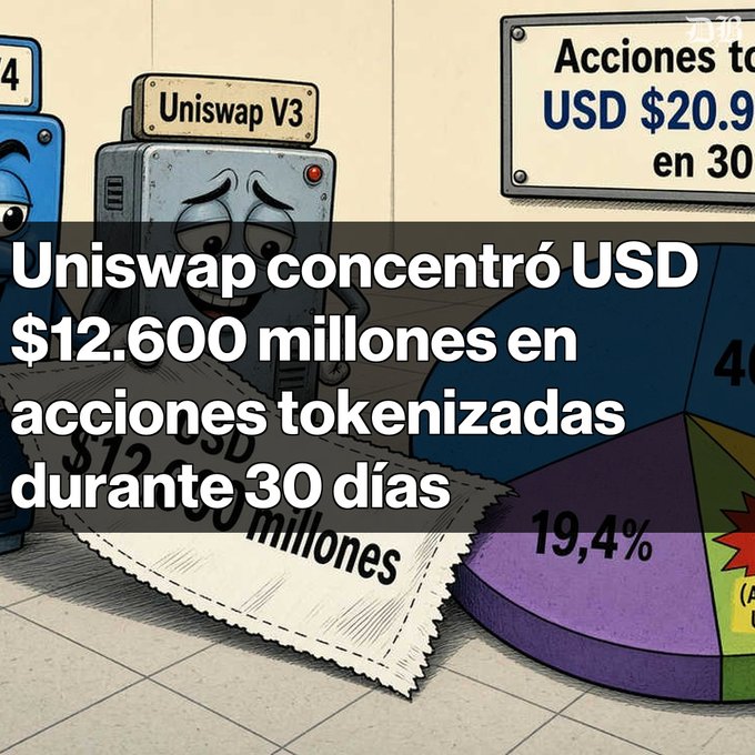 A cartoon-style illustration showing a character labeled 'Uniswap V3' standing next to a $12.90 USD note, with a pie chart showing 19.4%, and Spanish text reading 'Uniswap concentró USD $12.600 millones en acciones tokenizadas durante 30 días' (Uniswap concentrated USD $12.6 billion in tokenized stocks over 30 days).