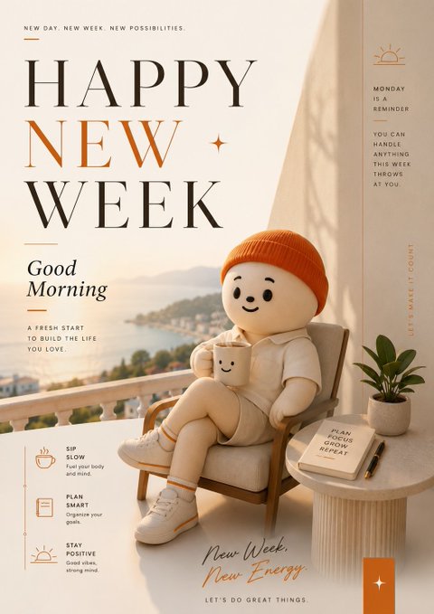 A motivational "Happy New Week" graphic featuring a cute character in an orange beanie sipping coffee on a balcony overlooking the sea, with text like "Good Morning," "Sip Slow," "Plan Smart," "Stay Positive," and "New Week, New Energy" — fitting the post's theme of resilience, a fresh start, and locking in for a comeback after recent market misses.