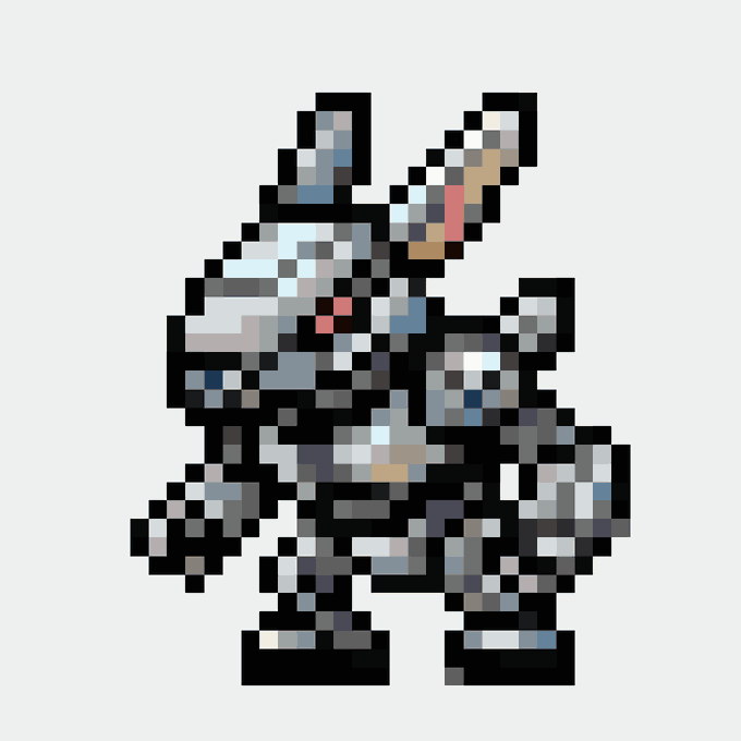 A pixel art sprite of a robotic or armored character with a pointed helmet or beak.