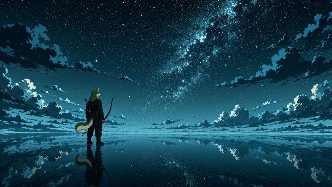 An anime-style illustration shows a fox-like character with a tail standing on a mirror-like plane under a starry night sky with the Milky Way visible.