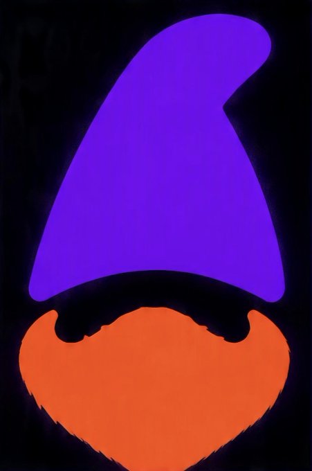 A minimalist graphic displays a large purple wizard-style hat above an orange beard against a black background.
