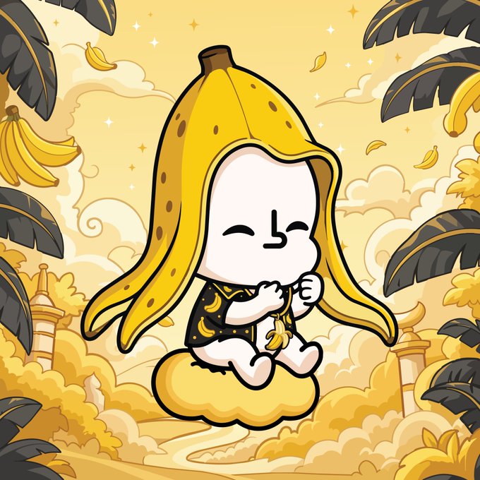 A cute cartoon character wearing a large banana peel as a hood sits on a cloud in a whimsical yellow paradise filled with banana leaves and floating bananas, with a banana-themed outfit and accessories. The image ties into the post's announcement about an OpenSea NFT mint for "Racerz - Funkari Holders" and "OG" holders, using the playful banana theme to match the collection's branding and the reference to "TOTZ."