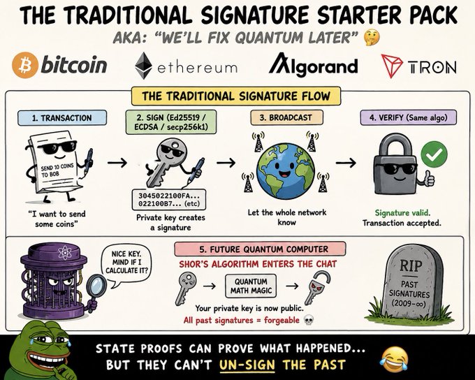 Infographic titled 'The Traditional Signature Starter Pack AKA: We'll Fix Quantum Later' explaining Ed25519/ECDS256k1 signature flow for Bitcoin, Ethereum, Algorand, and Tron, with a Pepe meme and ShoR's quantum algorithm warning.