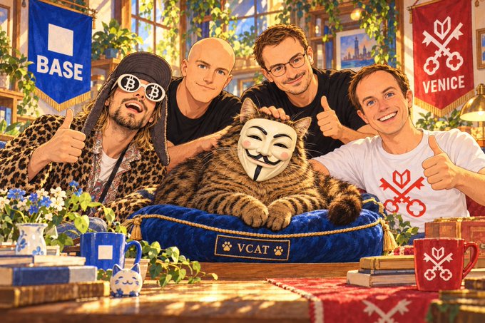 Four men pose with thumbs up around a tabby cat wearing a Guy Fawkes mask, lounging on a blue cushion labeled "VCAT," with one man in a "VENICE" shirt and a "BASE" banner visible in the background.

The image visually represents the post's mention of $VCAT by showing the mascot cat, while the "VENICE" shirt and Venice coat of arms banner tie into the post's theme of Venice-focused crypto tokens.
