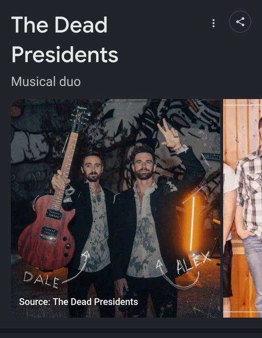 The image shows a Wikipedia or encyclopedia-style entry for "The Dead Presidents," a musical duo, featuring a photo of two band members labeled "Dale" (holding a red guitar) and "Alex" (making a peace sign) in front of a graffiti-covered wall, with the source credited to "The Dead Presidents." The accompanying post praises the band with the phrase "LET IT SIMMER," suggesting the duo's music is worth letting settle and absorbing.