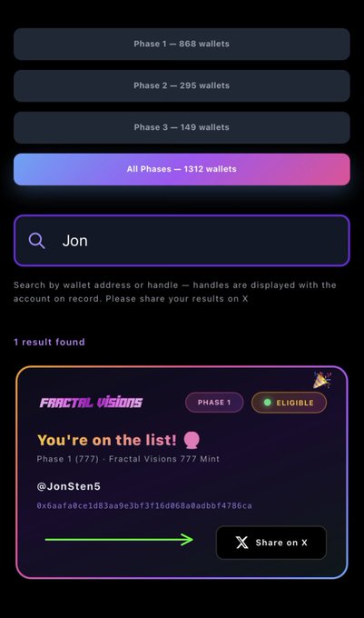 The image features a computer screen displaying an email page from a Fractal Vision website. The header shows that the email is about opening a new account with various settings, including an expiration time for the Mint account. The email states that there are 5 phases in the process and mentions that all phases are set at 1,800 wallets per phase.
