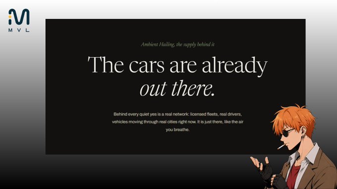 An MVL branded graphic with a black background featuring the text 'The cars are already out there' and 'Ambient Hailing, the supply behind it', accompanied by an anime-style character with orange hair and sunglasses smoking a cigarette.
