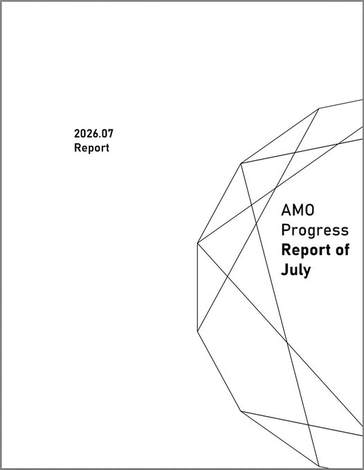A minimalist cover page for an "AMO Progress Report of July," dated 2026.07 Report, featuring a geometric line design on the right side.