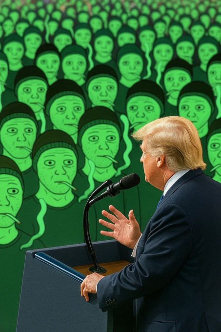A photograph of Donald Trump speaking at a podium, shown in profile against a green background covered in illustrations of Pepe the Frog faces.