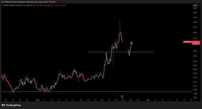 A TradingView 4-hour chart of LIT/USDT Perpetual Contract on Bybit (Aug 24, 2026) shows price action pulling back toward the $3.00 support zone, marked with horizontal lines and arrows highlighting the expected bottom and potential bounce area consistent with the author's $3.00 bottom-out forecast.