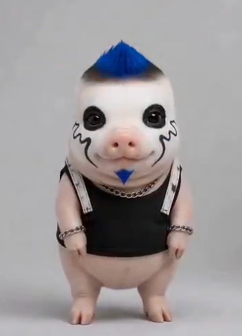 A small piglet standing upright, styled with a blue mohawk, black and white face paint resembling a clown or skull, a silver chain necklace, and wearing a black tank top with spiked wristbands.