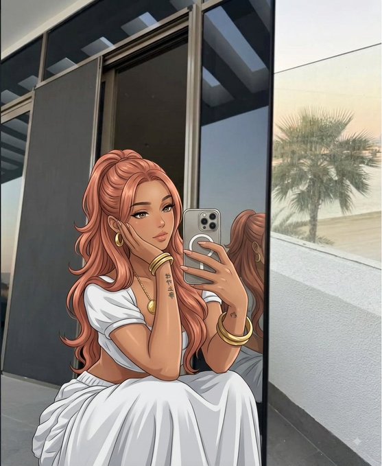 An anime-style illustration of a young woman with long pink hair taking a mirror selfie with an iPhone in a modern indoor setting.