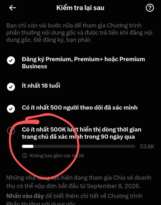 A screenshot of eligibility requirements for X's Original Content Rewards Program, with the 500K impressions requirement circled in red, showing 53.6K progress.
