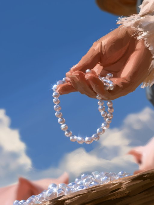An illustrated hand drops a string of pearls against a bright blue sky, with more pearls spilling from a basket below.