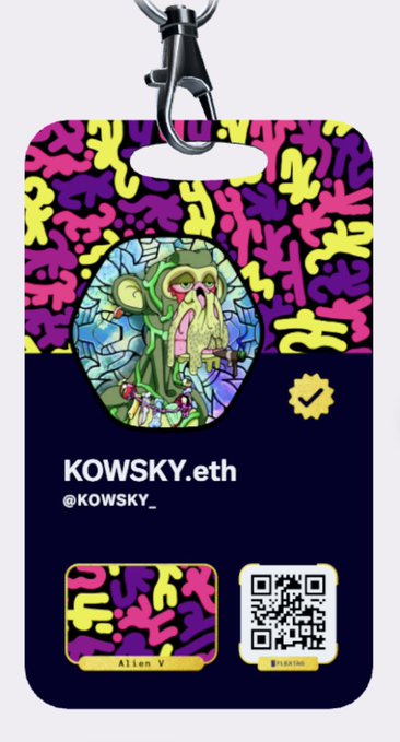 A NFY Comic Con attendee badge featuring the handle "KOWSKY.eth" and "@KOWSKY_" with an alien character illustration, set against a vibrant neon-colored patterned background with a QR code labeled "Alien V" and a checkmark badge, designed as a Veefriends-inspired FlexTag for community members to identify each other.