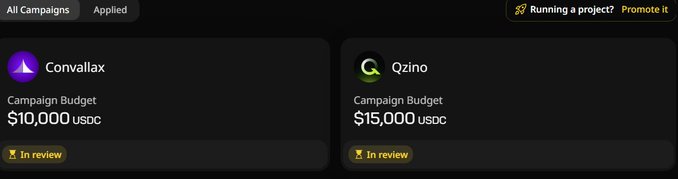A dashboard interface displaying two campaign cards: 'Convallax' with a $10,000 USDC budget and 'Qzino' with a $15,000 USDC budget, both marked 'In review' status under the 'Applied' tab.