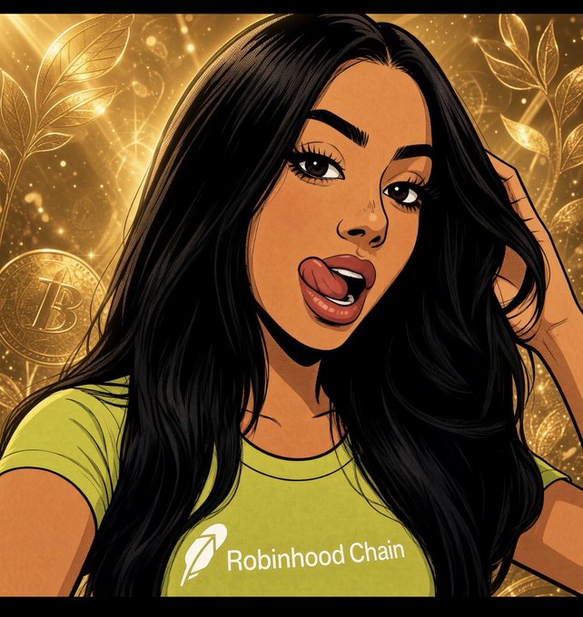 A stylized digital illustration of a woman with long black hair wearing a green shirt with the text 'Robinhood Chain' and a rocket logo, set against a golden background with Bitcoin symbols.