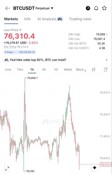 A crypto trading app displays the BTCUSDT Perpetual chart at $76,310.4, down -2.83% with a 24-hour low of $76,087.4, aligning with the bearish "$btc send back you look monster now" sentiment.