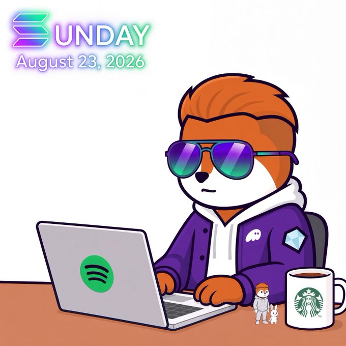 A cartoon fox-like character with orange hair and purple sunglasses working on a Spotify-branded laptop next to a Starbucks mug, with text reading 'SUNDAY October 11' and 'August 23, 2026'.