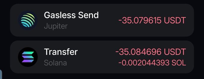 A transaction record showing two transfers: a Gasless Send via Jupiter for -35.079615 USDT and a Transfer via Solana for -35.084696 USDT and -0.002044393 SOL, representing the $35 sent to each of the two giveaway winners mentioned in the post.