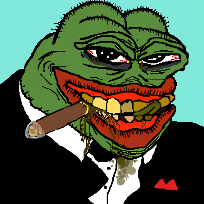 A crudely drawn image of Pepe the Frog in a black tuxedo with a red pocket square, holding a cigar, set against a teal background. The "gigachad" suited Pepe pairs perfectly with the post's bullish "send everything higherrr" crypto sentiment, evoking the degen culture's embrace of meme-driven market hype.