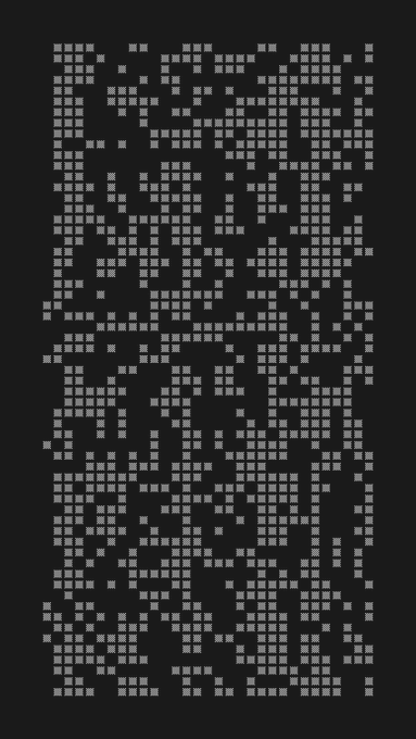 A grid of small gray squares on a black background, resembling a pixelated or abstract mosaic pattern.