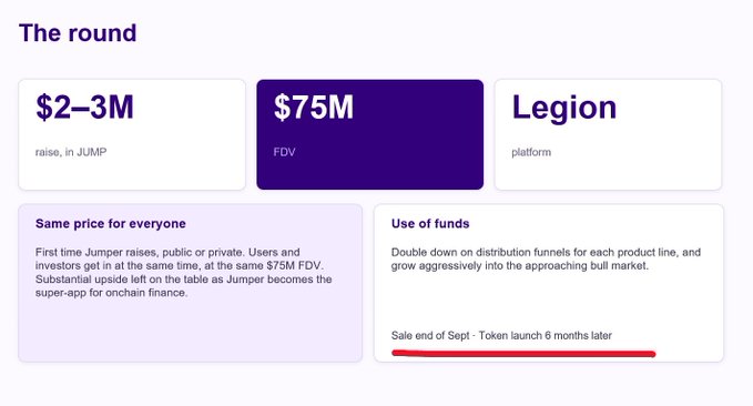 An investment summary slide titled 'The round' showing a $2-3M raise in JUMP at a $75M FDV on the Legion platform, with notes about same price for everyone and use of funds, highlighting a sale end in September with token launch 6 months later.