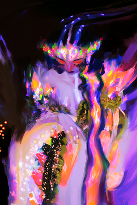 A vibrant, abstract digital painting featuring swirling strokes of pink, purple, blue, yellow, and green, resembling distorted floral or anatomical forms.