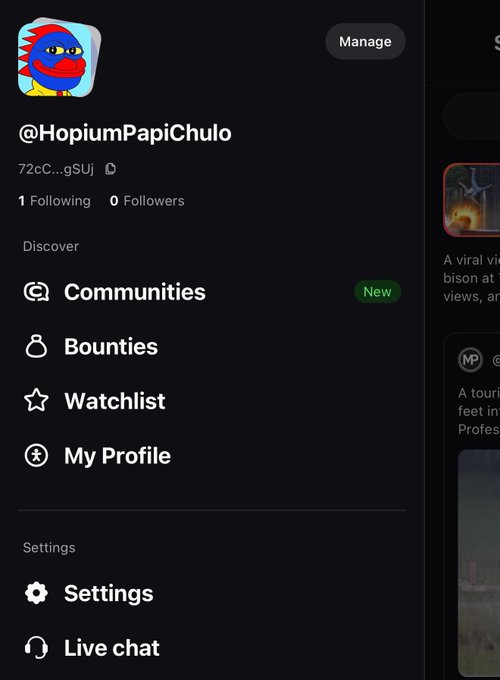 A profile sidebar for @HopiumPapiChulo on a Pump.fun-style platform shows options including "Communities" (with a green "New" badge), "Bounties," "Watchlist," "My Profile," "Settings," and "Live chat." The post asks for help understanding how to receive "robinhood coins" on pump.fun, suggesting the user is unfamiliar with newer crypto platforms, and the sidebar's "New" Communities feature hints at the evolving tools and features the user may be trying to navigate.