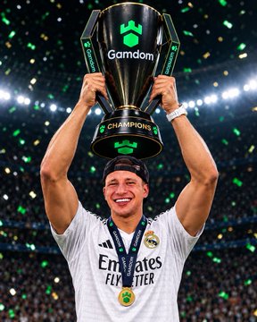 A Real Madrid player wearing the Emirates Fly Better jersey celebrates by hoisting a Gamdom Champions trophy above his head amidst green confetti.