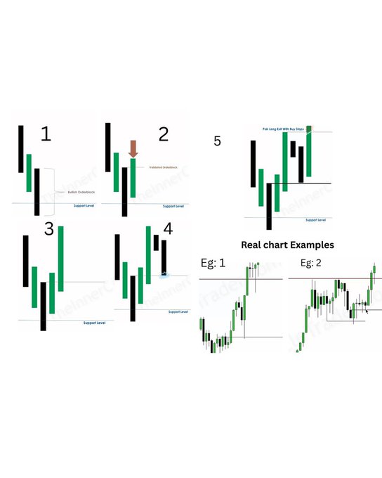 An educational candlestick chart diagram numbered 1 through 5 showing bullish and bearish orderblocks, support levels, and validated orderblocks, alongside two real chart examples.