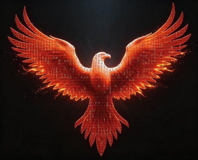 A digital artwork of a majestic phoenix with outstretched wings rendered in fiery orange and red tones, composed of binary code and ASCII characters against a black background.