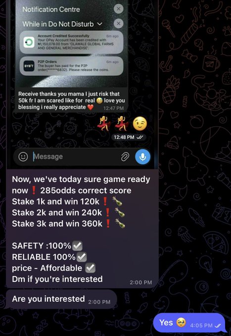 WhatsApp conversation screenshots showing notifications about cryptocurrency payments credited from 'OLAWALE GLOBAL FARMS AND GENERAL MERCHANDISE' and a 'P2P Order' message, followed by scam messages claiming guaranteed sports betting wins with stakes of 1k, 2k, and 3k.