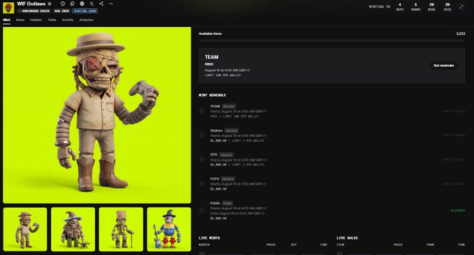 A webpage for 'WIF Outlaws' NFT collection displays a skeleton character wearing a hat on a bright yellow background, along with team members and mint schedule details.
