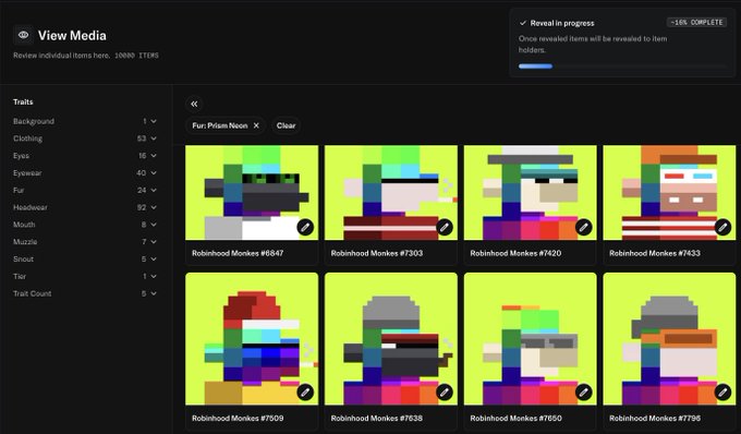 A screenshot of a 'View Media' page showing a grid of pixelated 'Robinhood Monkeys' NFTs with various trait numbers (#6847, #7303, #7420, #7433, #7509, #7538, #7690, #7796), with a 'Reveal in progress ~16% COMPLETE' notification.