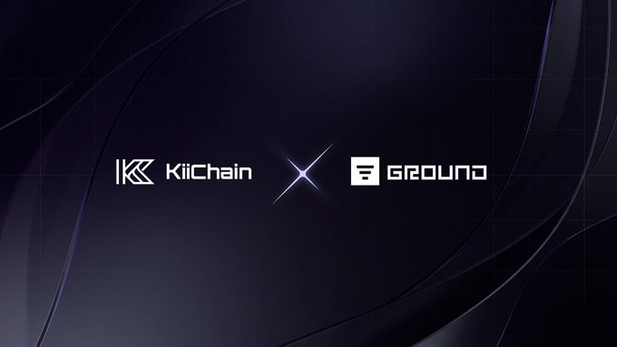 A promotional graphic with a dark purple gradient background features the logos "KiiChain" and "GROUND" on either side of a glowing X symbol, representing the partnership announcement between the two platforms. The image visually reinforces the integration news, highlighting the collaboration behind the newly launched yield vaults.