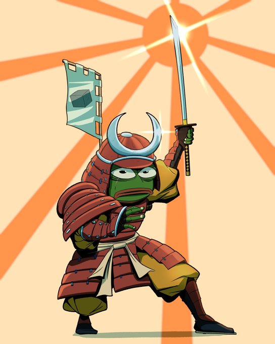 A cartoon illustration of a green frog dressed in red samurai armor, wielding a sword and a flag, standing in a wide stance against a backdrop of orange sun rays.