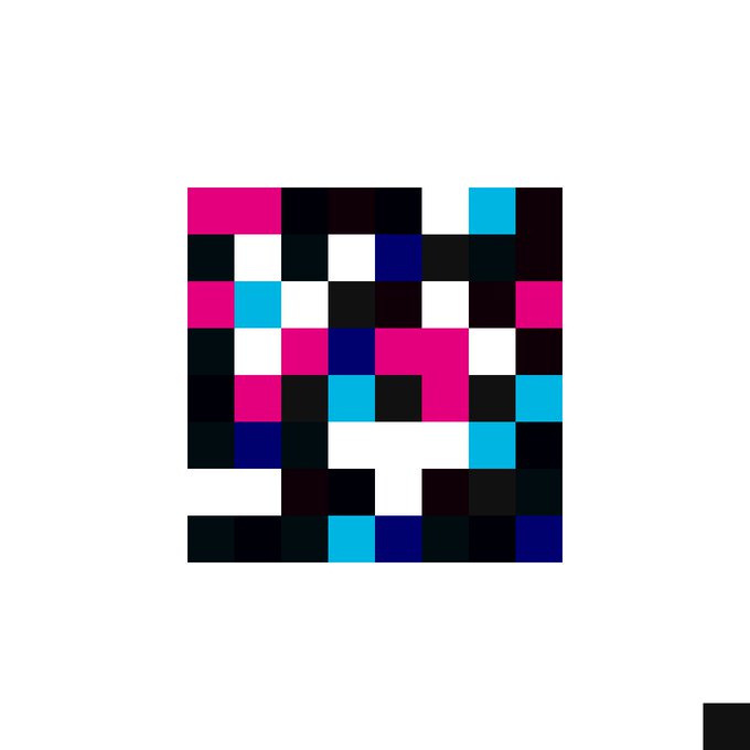 A pixelated abstract artwork or QR code-like design composed of colored squares in pink, teal, dark blue, black, and white arranged in a grid pattern.