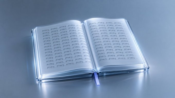 An open book with glowing pages covered in repeating "privacy" text lies on a reflective surface.