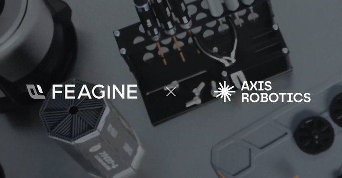 Promotional graphic featuring the FEAGINE and AXIS ROBOTICS logos with an 'X' between them, displayed over a background of robotic equipment and a controller.