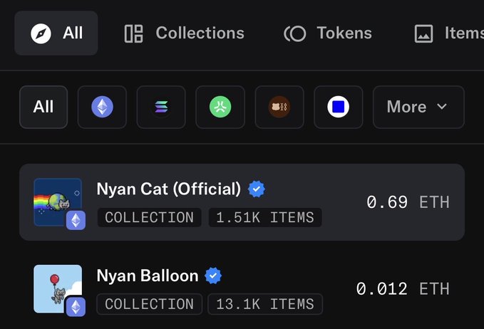 A dark-themed NFT marketplace interface showing OpenSea navigation tabs (All, Collections, Tokens, Items) and listing "Nyan Cat (Official)" at 0.69 ETH (1.51K items) and "Nyan Balloon" at 0.012 ETH (13.1K items).