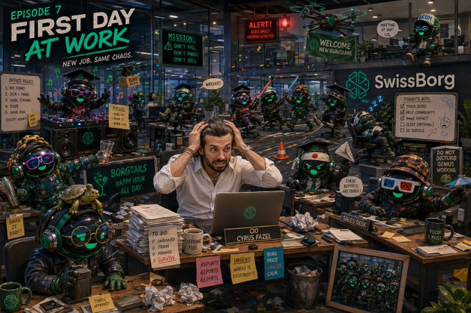 A thumbnail titled 'EPISODE 7 FIRST DAY AT WORK - NEW JOB, SAME CHAOS' for SwissBorg, showing CEO Cyrus Fazel looking stressed while surrounded by robot coworkers in a chaotic office.