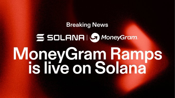 A breaking news graphic with a dark red background announces that "MoneyGram Ramps is live on Solana," featuring both the Solana and MoneyGram logos side-by-side. The image visually reinforces the post's message about the significance of MoneyGram's integration with Solana, leveraging MoneyGram's massive existing distribution network of over 60 million customers and nearly 500,000 locations across 170+ countries.
