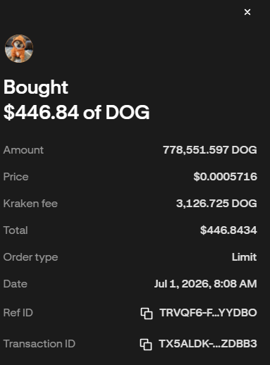 The image shows a Kraken order confirmation for a purchase of 778,551.597 DOG (Dogecoin) worth $446.84, executed at a limit price of $0.0005716 with a 3,126.725 DOG fee on July 1, 2026. This transaction receipt supports the post's announcement of acquiring a significant amount of $DOG, likely related to the LeonidasNFT community mentioned.