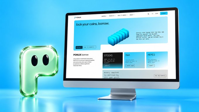 A promotional graphic displays a 3D green 'P' logo next to a computer monitor showing the PONIX website, which advertises 'lock your coins, borrow' and features sections for STOCKS, RWA, and MEMES.