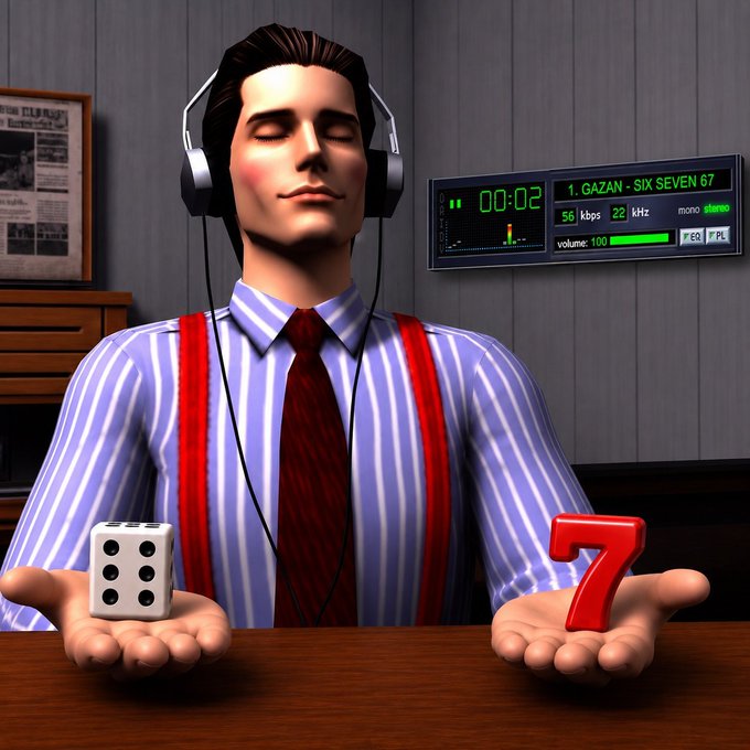 A 3D-rendered man with closed eyes wearing headphones and a striped shirt with red suspenders holds a die in his left hand and the number '7' in his right hand, with a digital clock behind him reading '00:02' and '1. CAZAN - SIX SEVEN 67'.