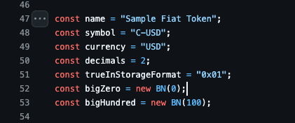 A code snippet defining variables for a 'Sample Fiat Token' named 'C-USD' with the symbol 'CUSD', shown in a dark-themed editor.