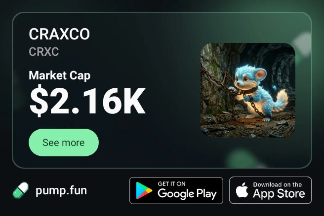 A promotional card for the cryptocurrency token CRAXCO (ticker CRXC) on pump.fun, showing a market cap of $2.16K, alongside an image of a small blue creature and links to download the app on Google Play and the App Store.