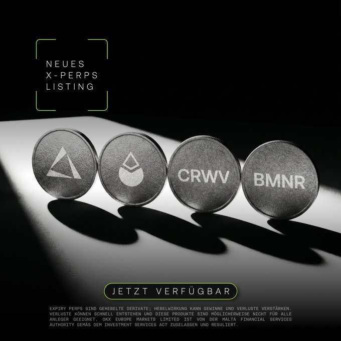 A promotional graphic announcing new X-Perps listings ("NEUES X-PERPS LISTING") featuring four metallic coin tokens displaying the EdgeX triangle logo, Lido's droplet logo, "CRWV," and "BMNR," with a green "JETZT VERFÜGBAR" (Now Available) button and disclaimer text about leveraged derivatives trading up to 10x in the New Money App.