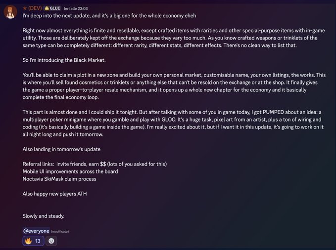 Discord message from 'GLUE' describing upcoming game updates including a 'Black Market' for cosmetics, a multiplayer poker minigame, referral links, mobile UI improvements, and a Noctavia SkinMask claim.